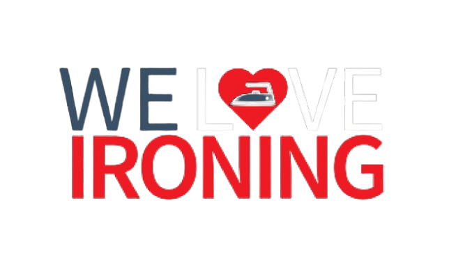 We Love Ironing logo with bold text, a red heart symbol featuring a small iron icon, representing a professional ironing or laundry service.