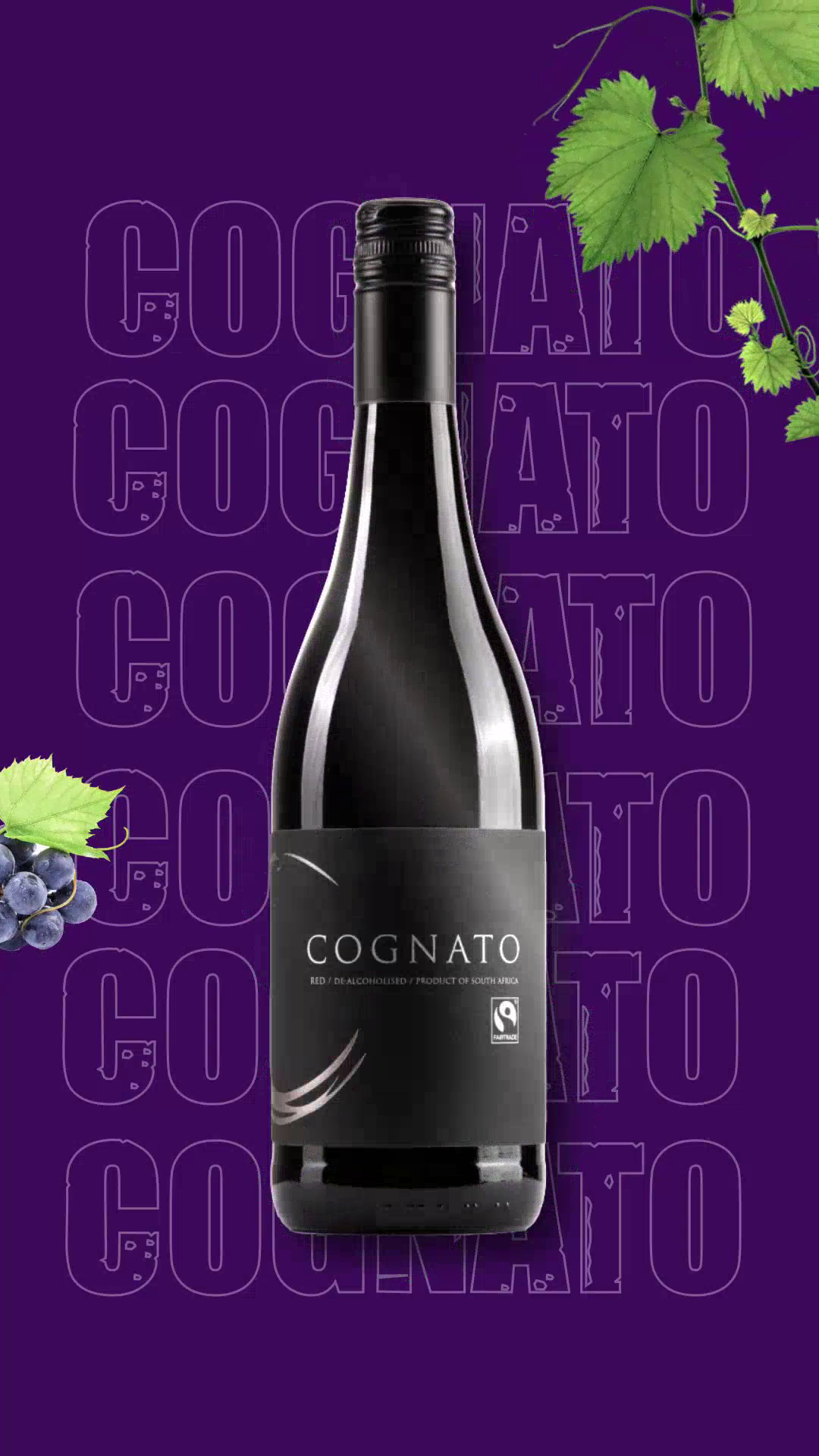 A sleek black bottle of Cognato red wine against a rich purple background with grapevine elements, featuring elegant branding and a modern design.