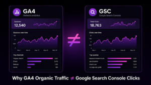 GA4 and Google Search Console traffic discrepancy comparison showing organic sessions and search clicks